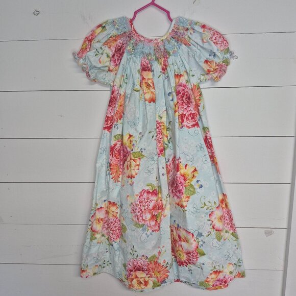 Girls Floral Smocked Dress With Puff Sleeves & Button Back Closure size 6x - Picture 1 of 8